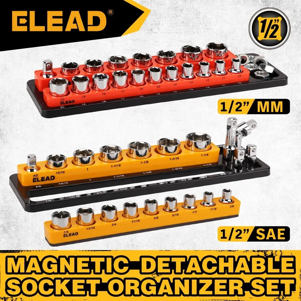 ELEAD 2Pc Magnetic Socket Organizer Set 1/2" SAE & Metric Holder Storage Tray