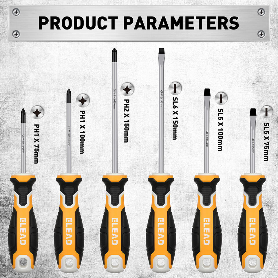 ELEAD 6Pcs Magnetic Screwdriver Set Phillips Slotted Non - Slip Handle Crv