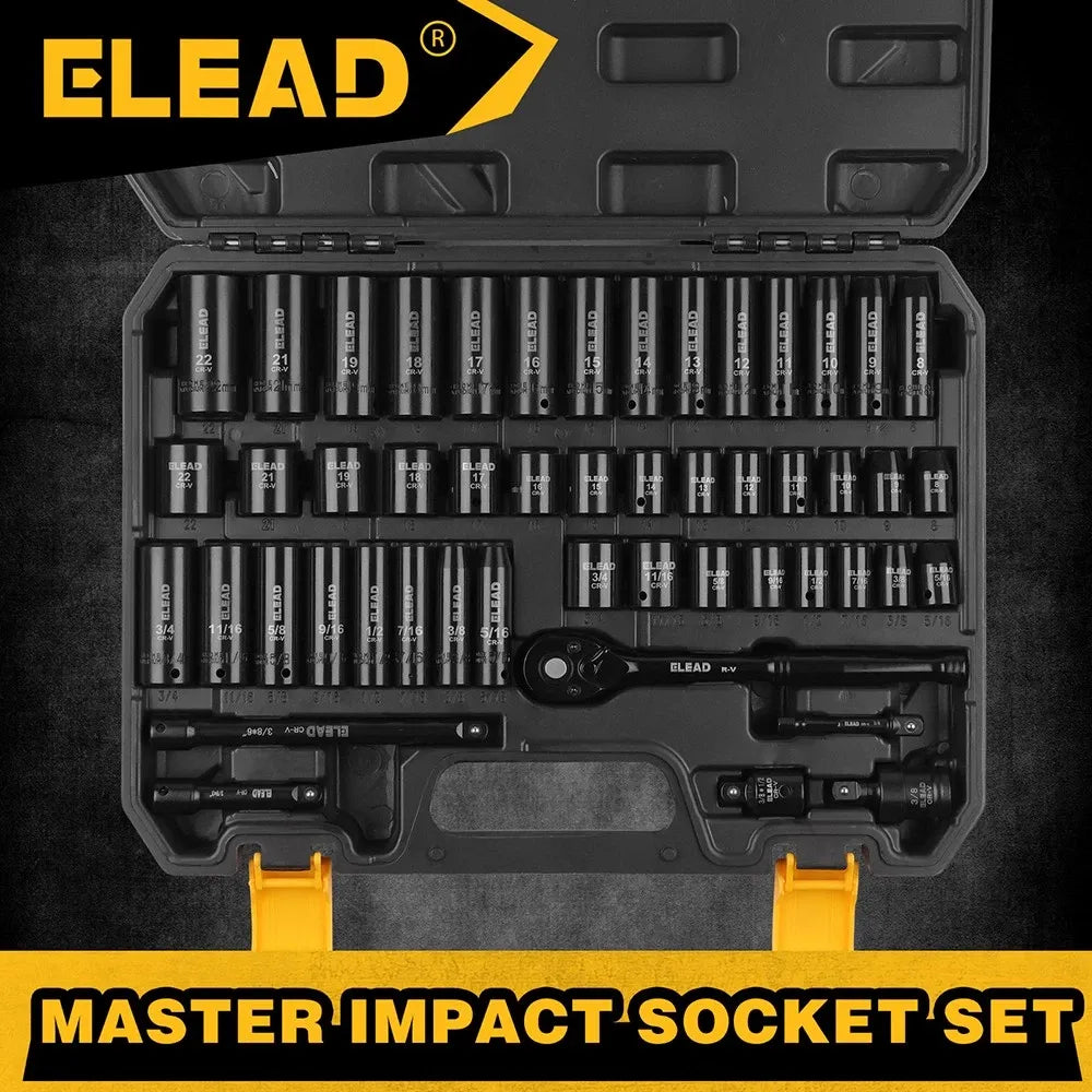 ELEAD 50Pcs 3/8'' Drive Impact Socket Set Deep Socket Metric Ratchet Adapter