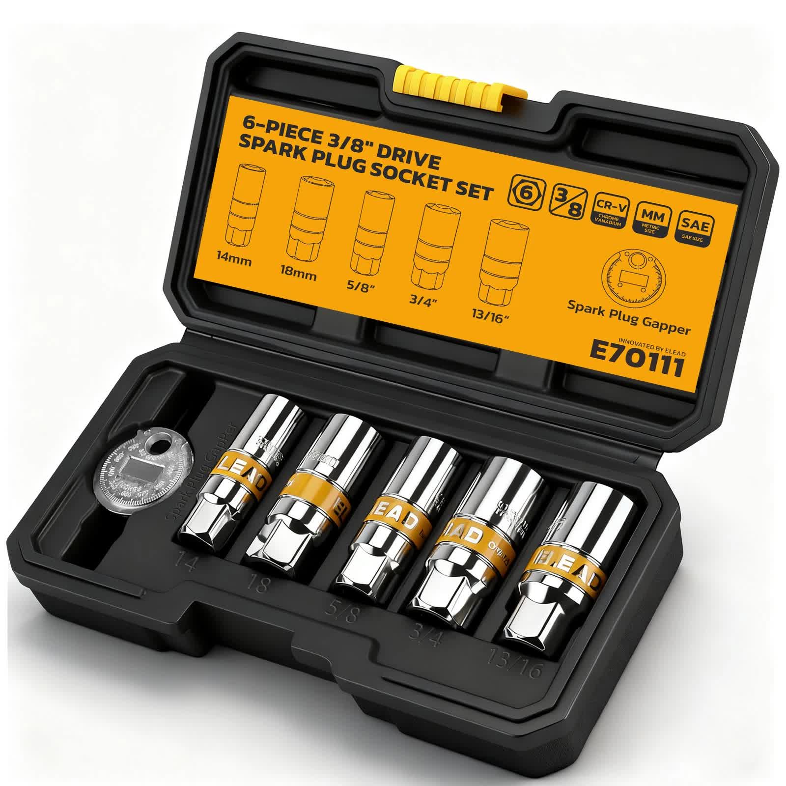 6Pcs 3/8" Drive Spark Plug Socket Set Spark Plug Gapper SAE & Metric CR-V Socket