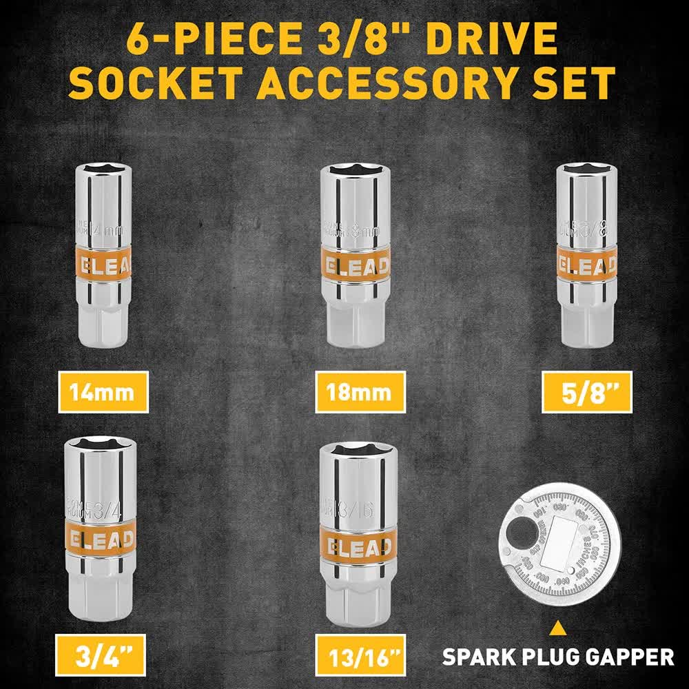 6Pcs 3/8" Drive Spark Plug Socket Set Spark Plug Gapper SAE & Metric CR-V Socket