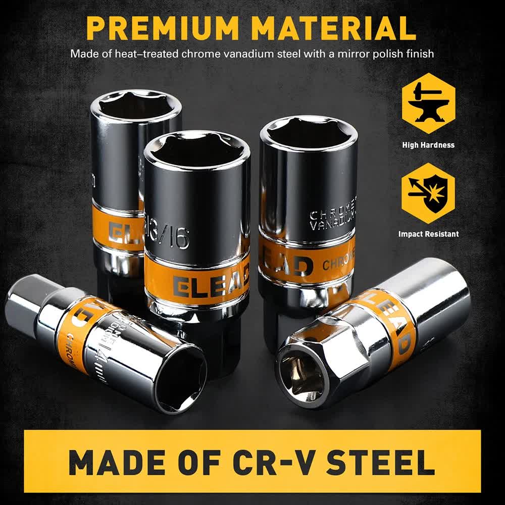 6Pcs 3/8" Drive Spark Plug Socket Set Spark Plug Gapper SAE & Metric CR-V Socket