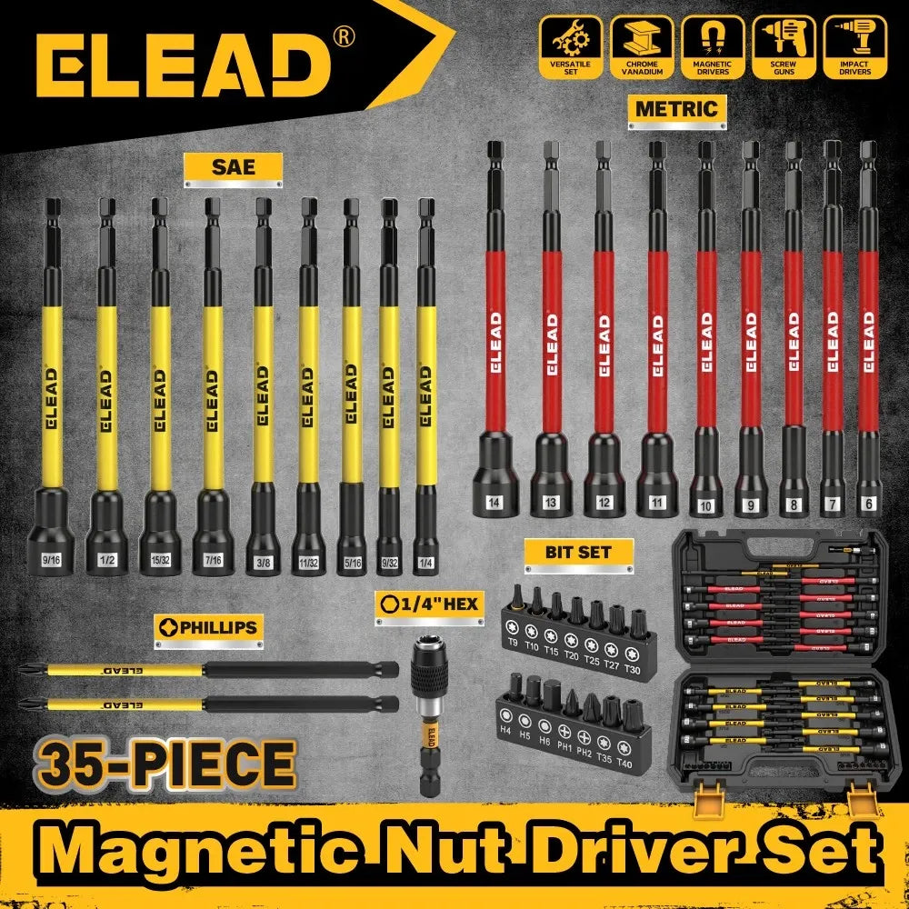 ELEAD 35Pcs Magnetic Nut Driver Bit Set Metric SAE 1/4" Hex Drill CR-V Steel