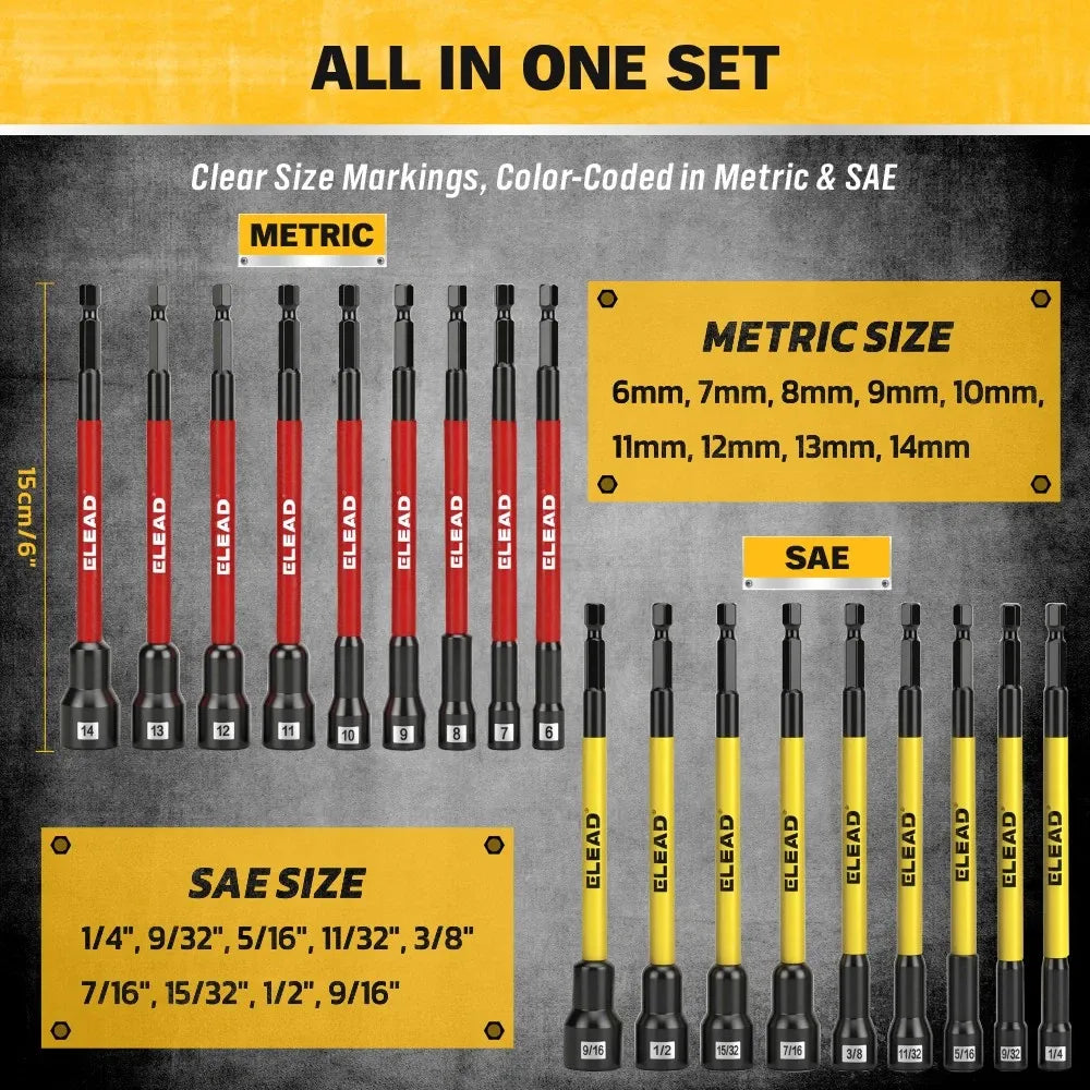 ELEAD 35Pcs Magnetic Nut Driver Bit Set Metric SAE 1/4" Hex Drill CR-V Steel