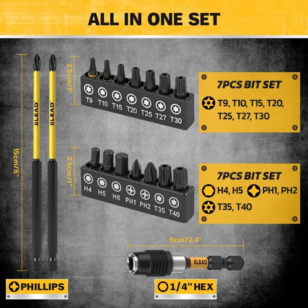 ELEAD 35Pcs Magnetic Nut Driver Bit Set Metric SAE 1/4" Hex Drill CR-V Steel
