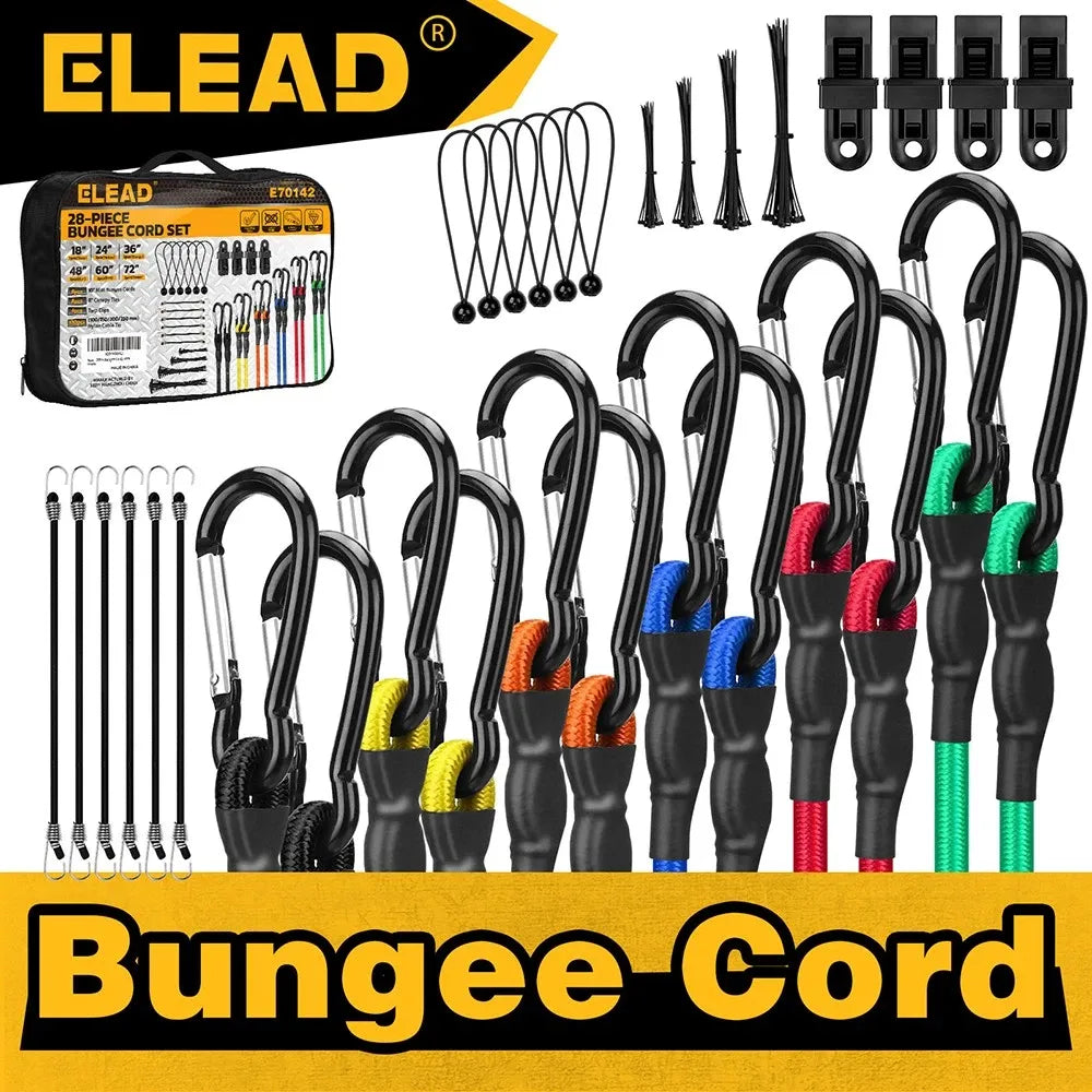 ELEAD 28PCS Bungee Cord Set Carabiner Hooks Assorted Sizes Heavy Duty Tie Down