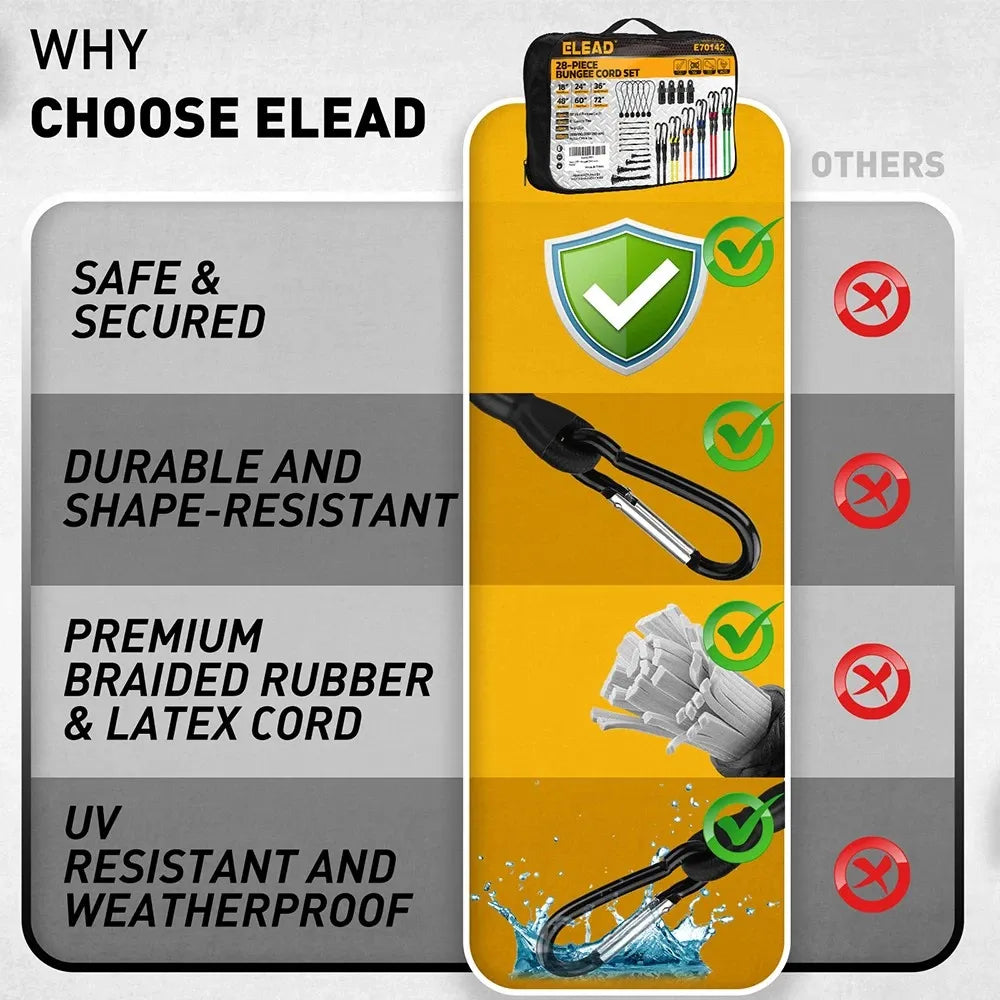 ELEAD 28PCS Bungee Cord Set Carabiner Hooks Assorted Sizes Heavy Duty Tie Down