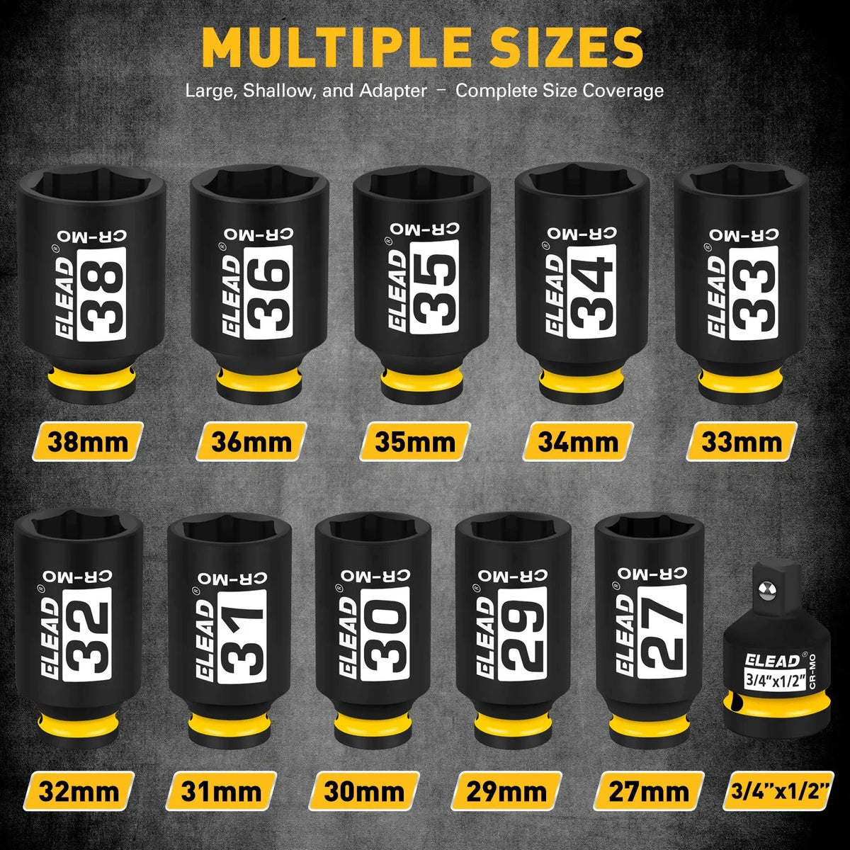 ELEAD 11Pcs 1/2" Drive Deep Impact Socket Set 27-38mm Metric Cr-Mo Wheel Nut Kit