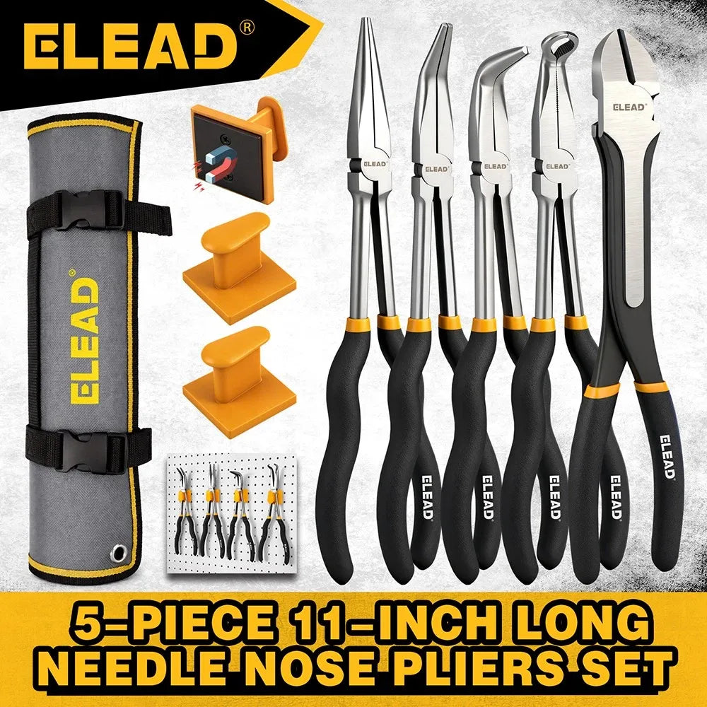 ELEAD 5Pcs 11" Long Reach Needle Nose Pliers Set w/ Magnetic Racks&Roll-Up Pouch