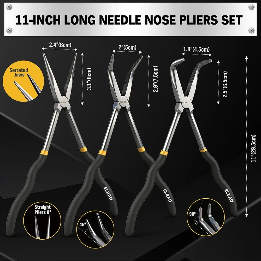 ELEAD 5Pcs 11" Long Reach Needle Nose Pliers Set w/ Magnetic Racks&Roll-Up Pouch