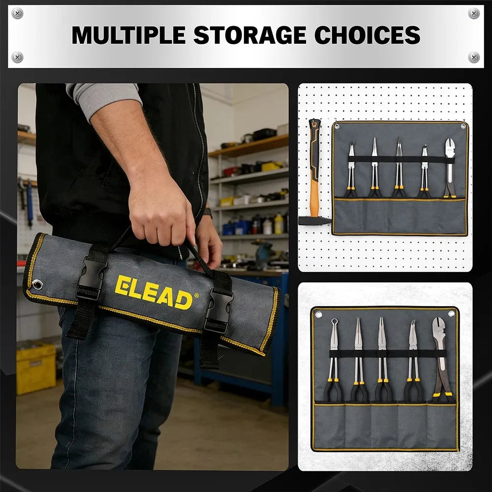 ELEAD 5Pcs 11" Long Reach Needle Nose Pliers Set w/ Magnetic Racks&Roll-Up Pouch
