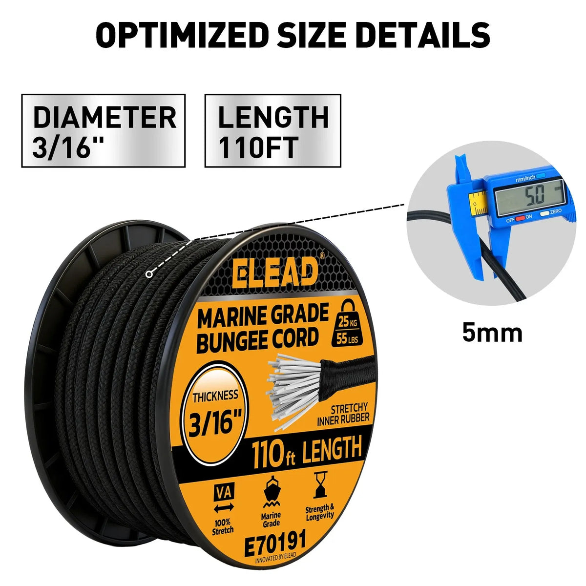 ELEAD 3/16" x 110FT Heavy Duty Bungee Cord Roll 5mm Marine Grade Shock Cord