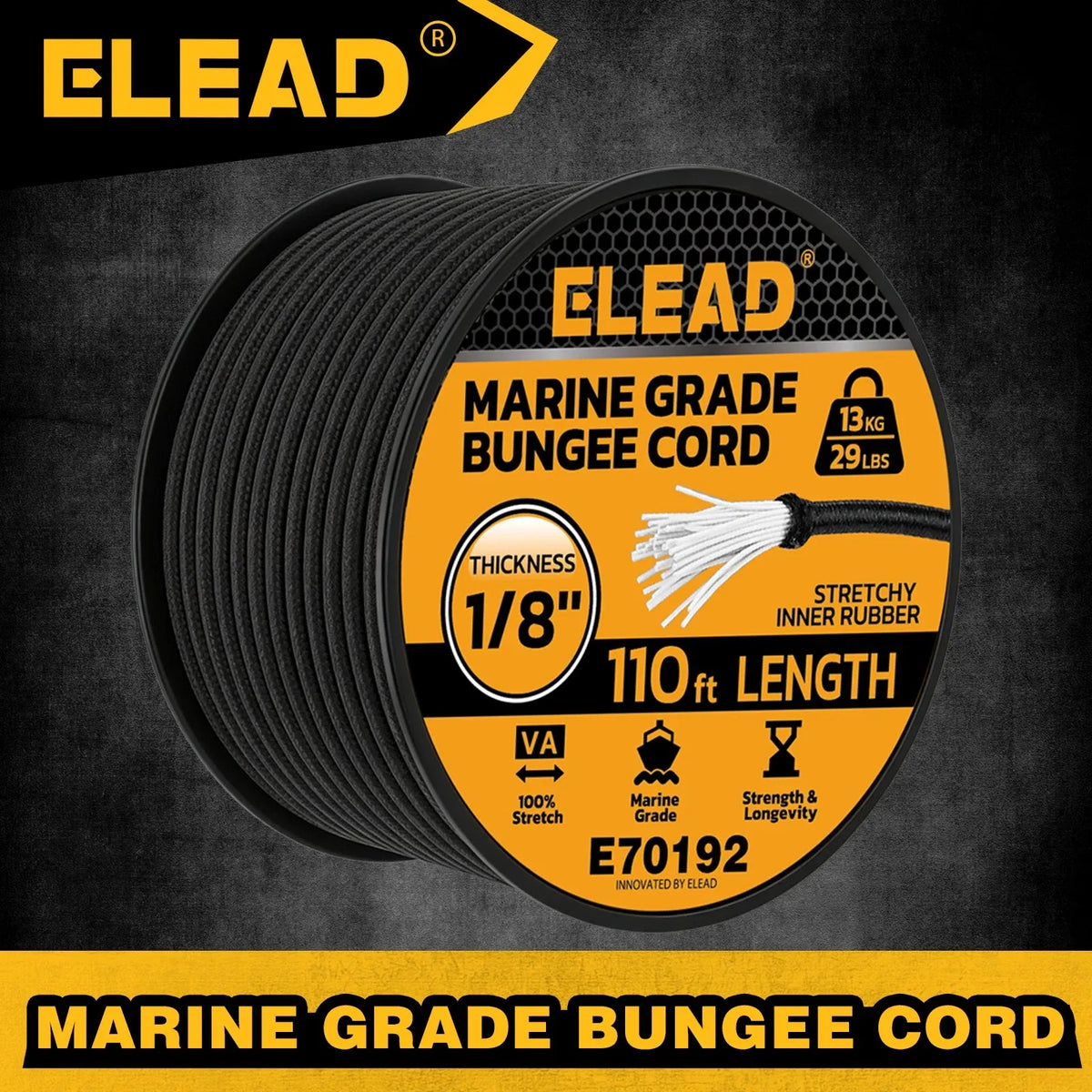 ELEAD 1/8" x 110FT Elastic Bungee Cord Roll 3mm Marine Grade Shock Cord 29lbs