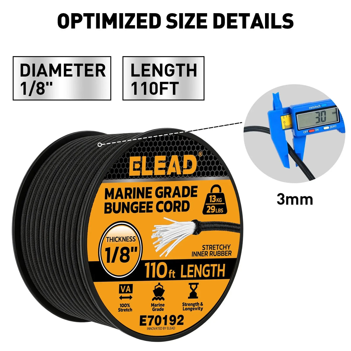 ELEAD 1/8" x 110FT Elastic Bungee Cord Roll 3mm Marine Grade Shock Cord 29lbs