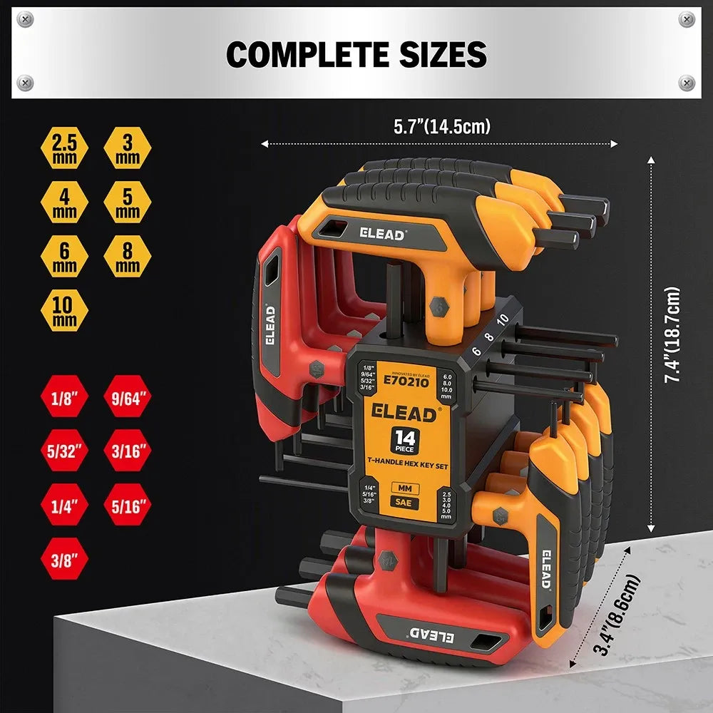 14Pcs T-handle Allen Wrench Set Metric & SAE Portable Hex Key Long Arm Allen Key