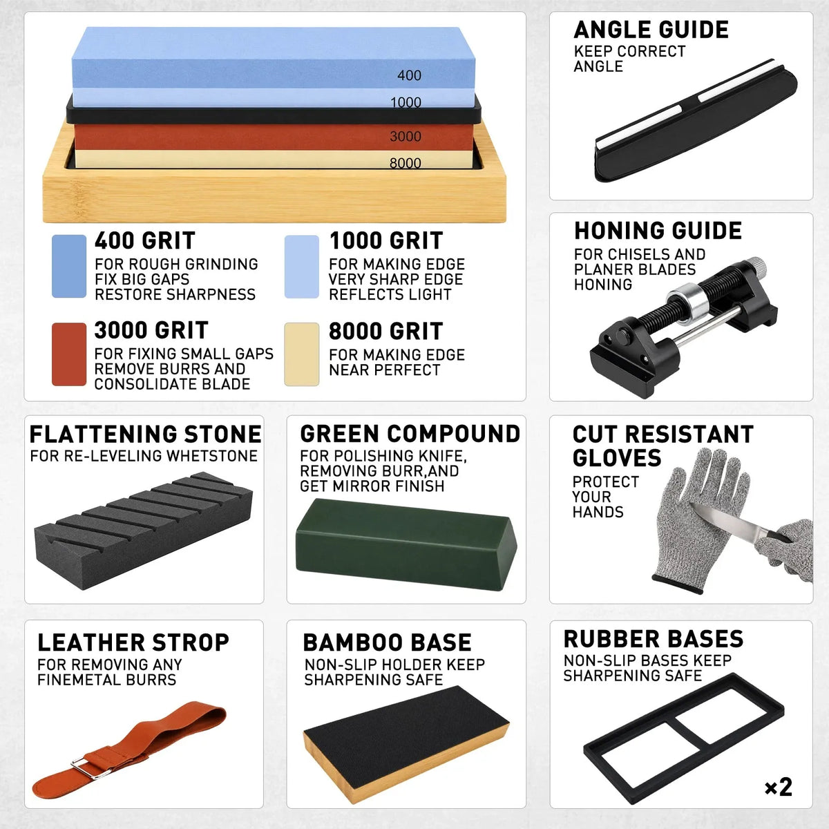 Elead 10pcs Knife Sharpening Stone Kit 400/1000 3000/8000 Grit Whetstone Set