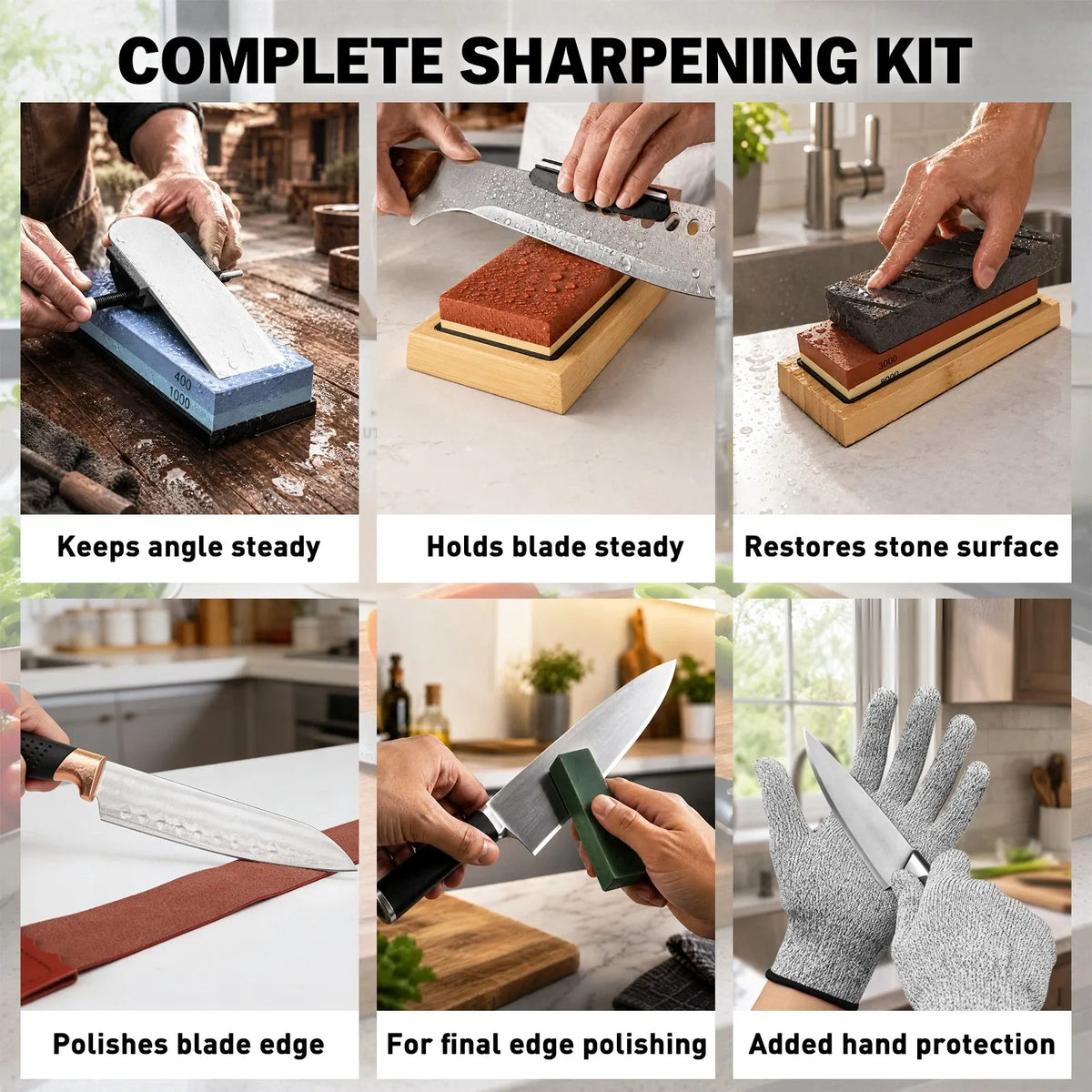 Elead 10pcs Knife Sharpening Stone Kit 400/1000 3000/8000 Grit Whetstone Set