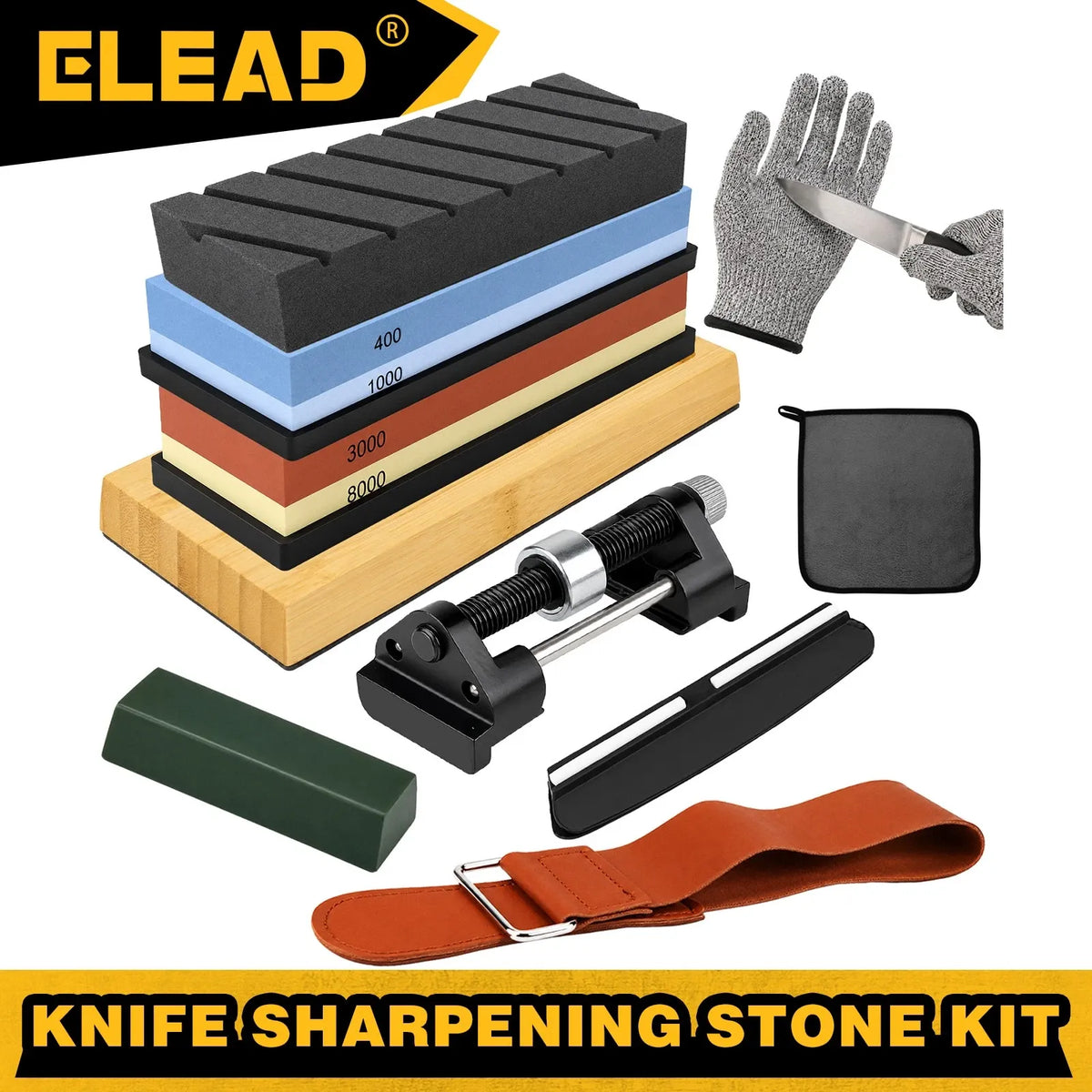 ELEAD 12pcs Knife Sharpening Kit 400/1000 3000/8000 Grit Whetstone Bamboo Base