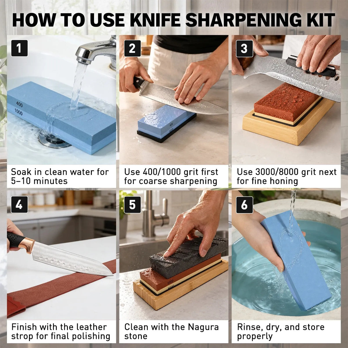 ELEAD 12pcs Knife Sharpening Kit 400/1000 3000/8000 Grit Whetstone Bamboo Base