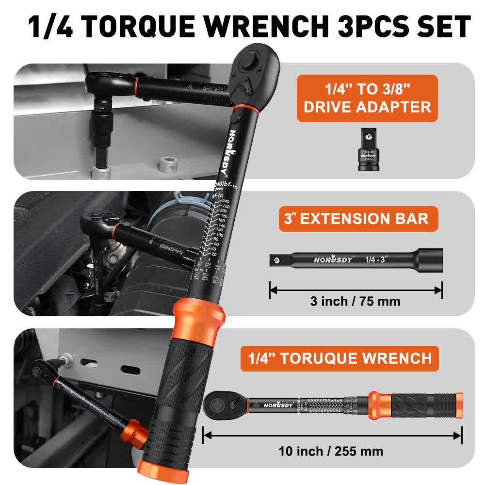 3Pc 1/4" Drive Click Torque Wrench Ratchet Socket Adaptor Extension WorkShop