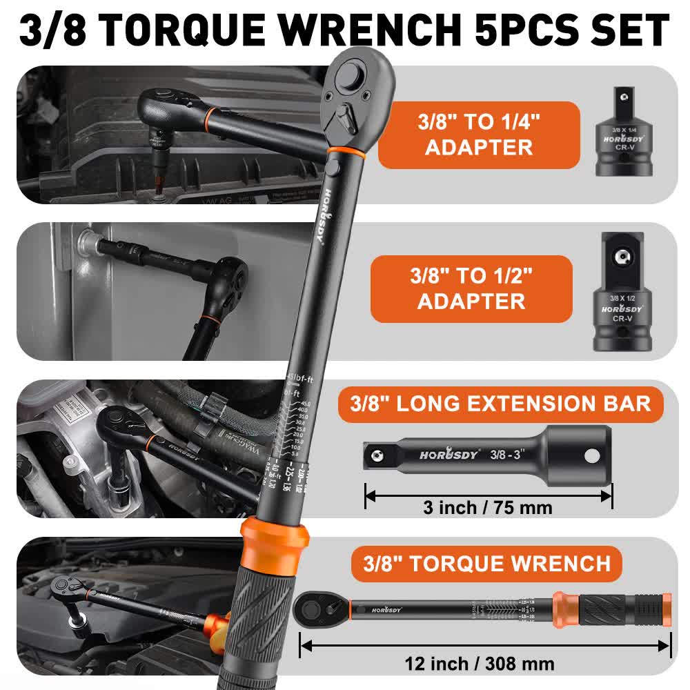 4Pc 3/8" Drive Click Torque Wrench Ratchet Socket  Adaptor Extension WorkShop