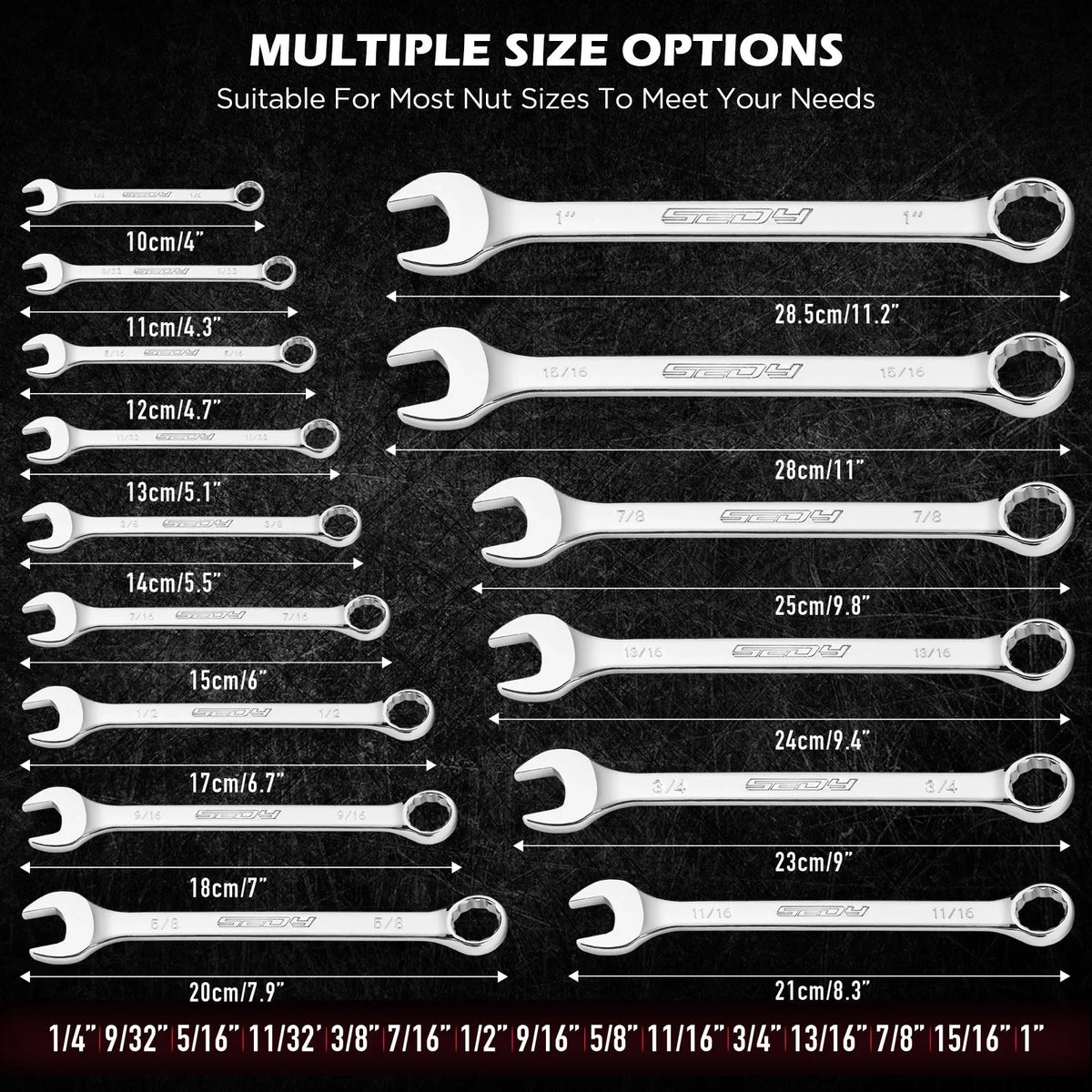 SEDY 15pc Combination Spanner Wrench Set SAE 1/4"-1" CR-V with Storage Rack