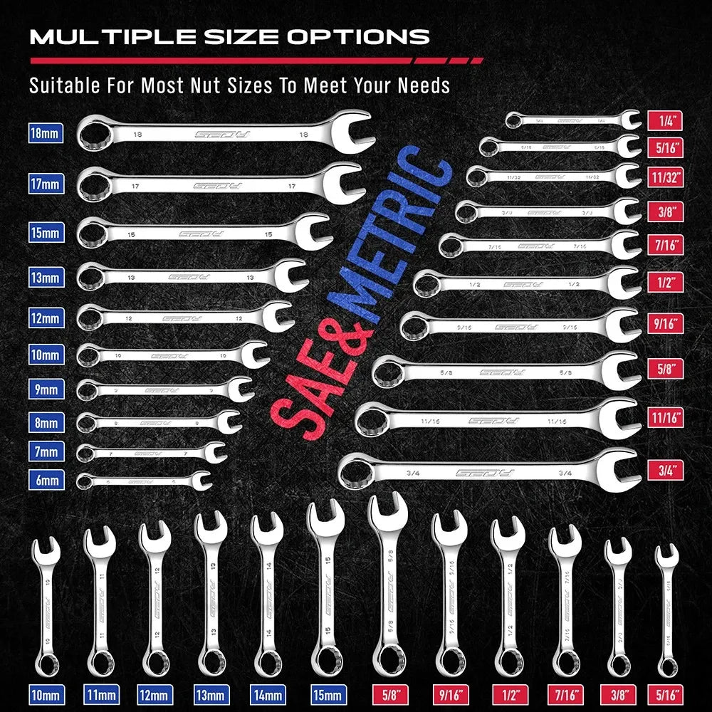SEDY 32 Pcs SAE Metric Combination Wrench Set Stubby 12 Point CR-V Steel w/Case
