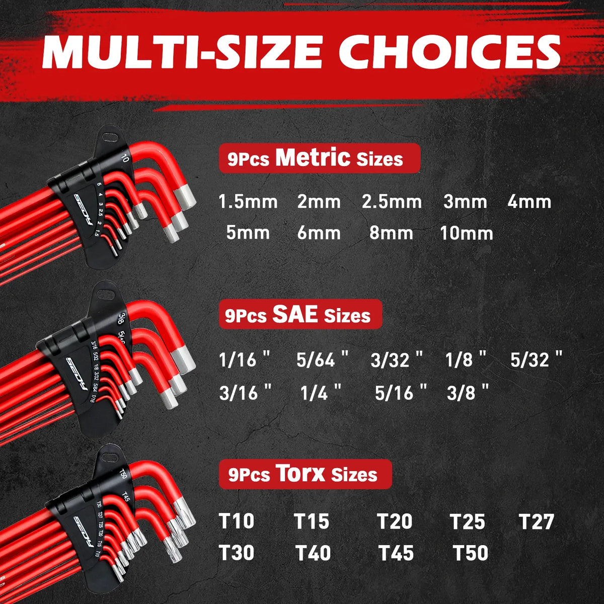SEDY 30Pc Allen Key Set Long Arm Hex & Torx Keys with Grip Handle SAE Metric
