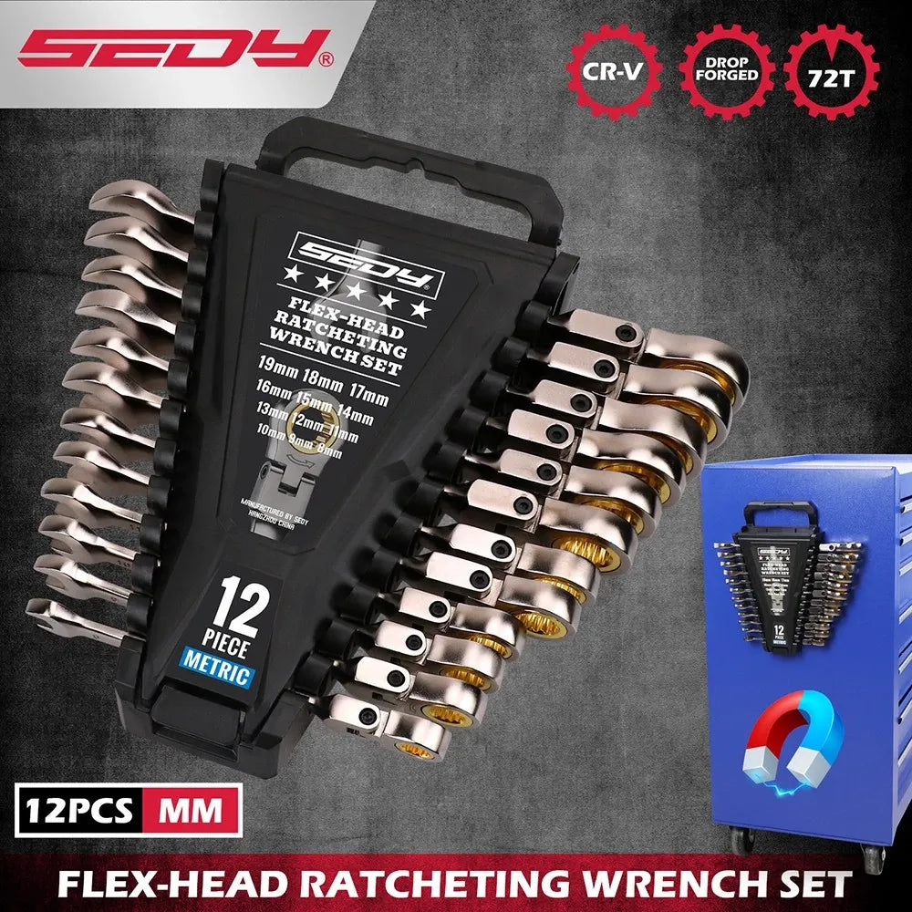 SEDY 12Pc Metric Flexible Ratchet Spanner Combination Spanner Magnetic Organizer