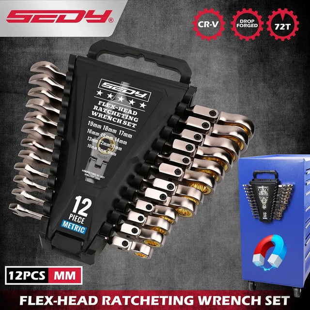 SEDY 12Pc Metric Flexible Ratchet Spanner Combination Spanner Magnetic Organizer