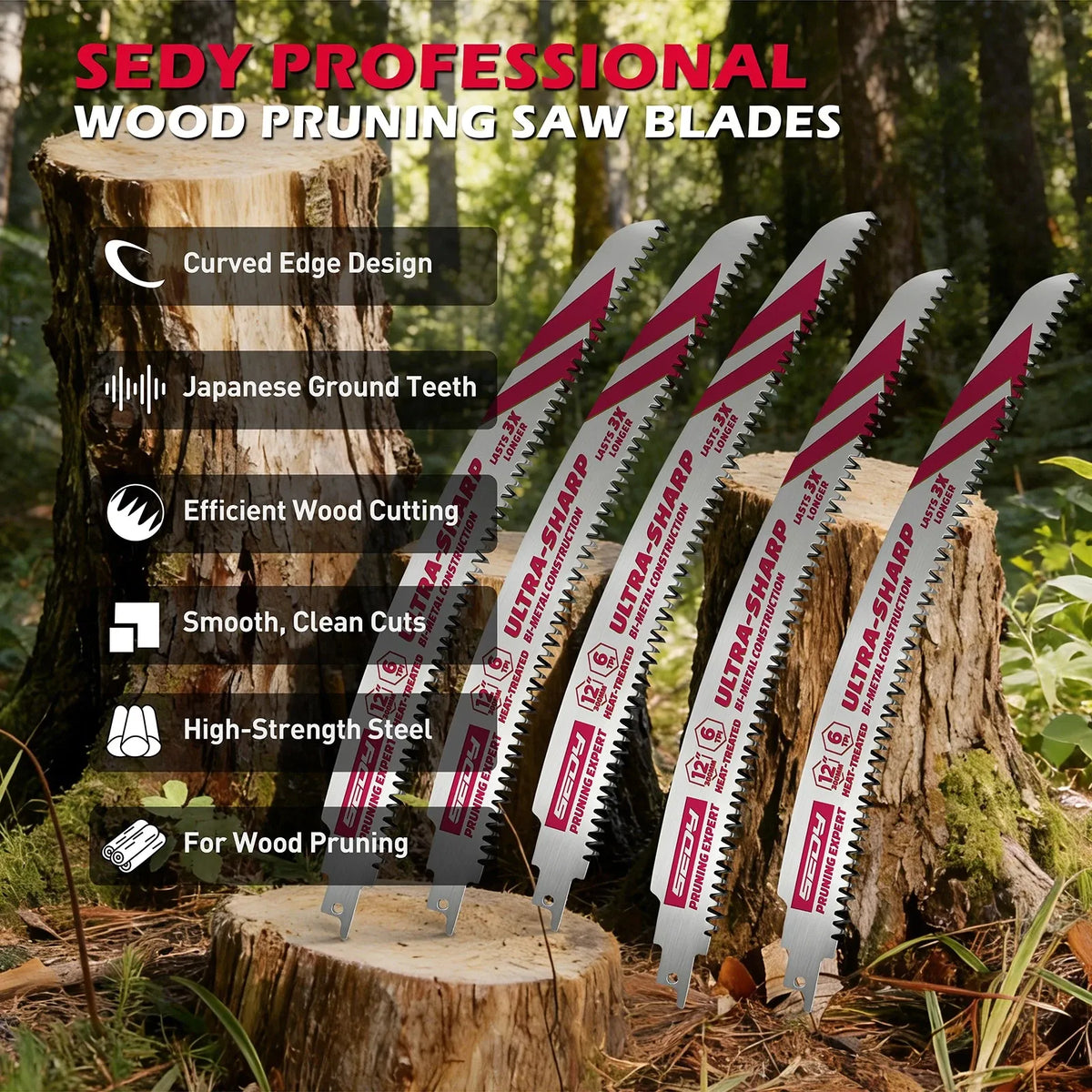 5-Piece 12" Reciprocating Saw Blades 6TPI Wood Pruning Curved Edge CR-V Steel