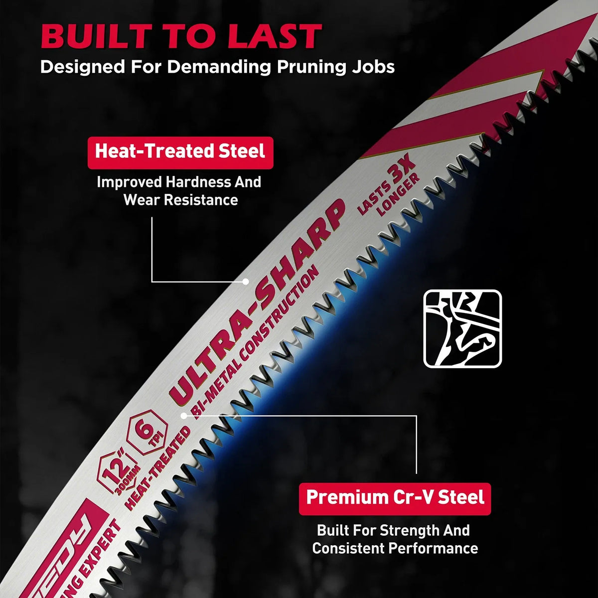 5-Piece 12" Reciprocating Saw Blades 6TPI Wood Pruning Curved Edge CR-V Steel
