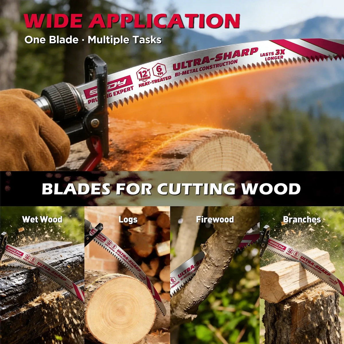 5-Piece 12" Reciprocating Saw Blades 6TPI Wood Pruning Curved Edge CR-V Steel