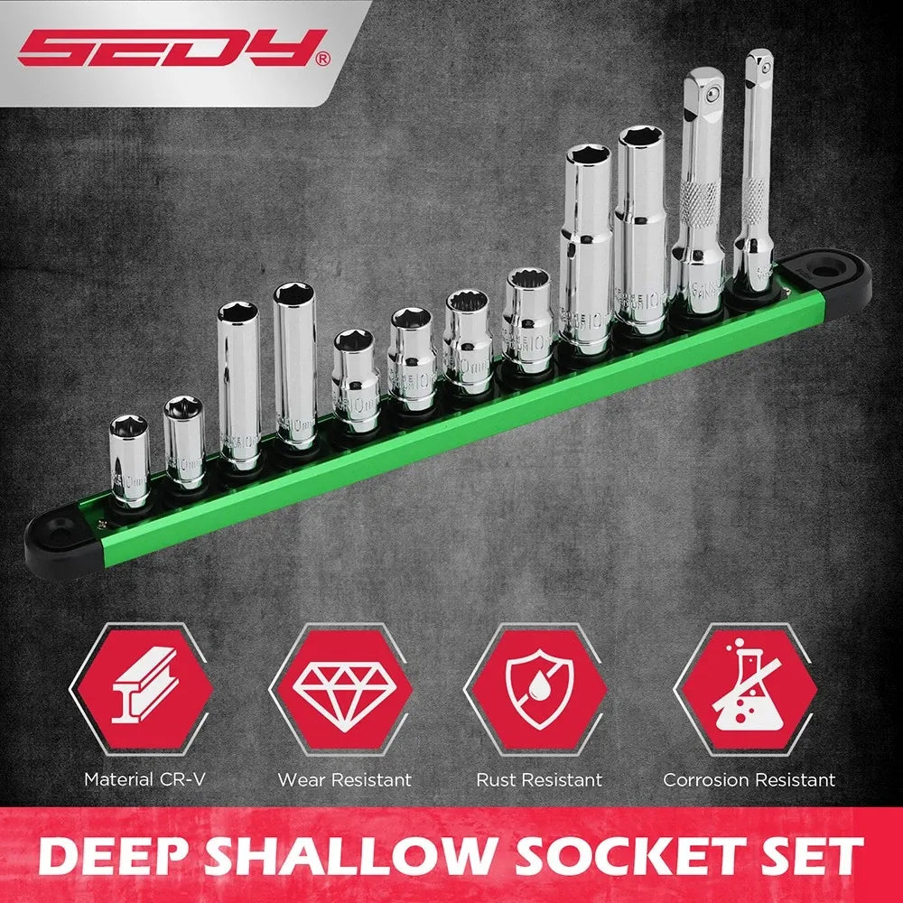 SEDY 12Pc 10mm Socket Set 1/4" 3/8" Drive Magnetic Organizer Tool Extension Bar
