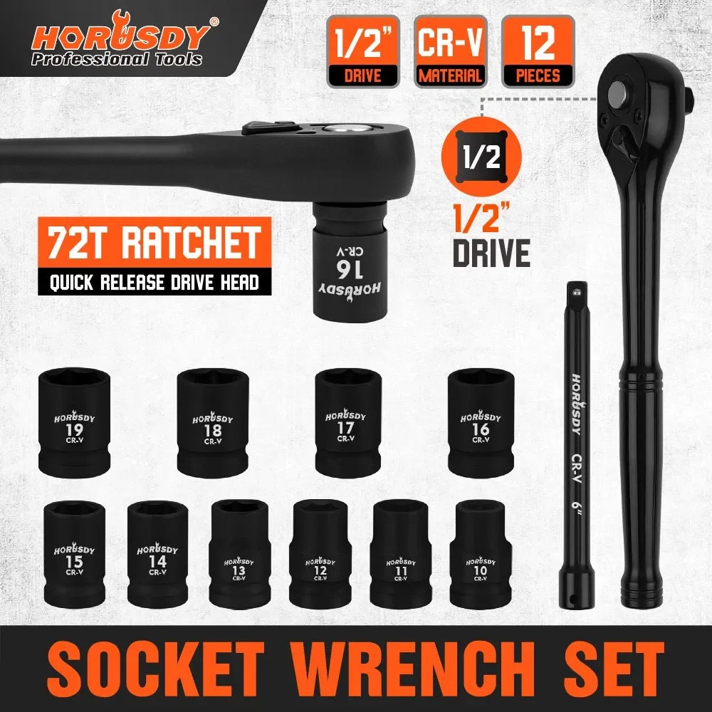SEDY 12Pcs 1/2" Drive Socket Wrench Set CR-V 72T Ratchet Metric 10-19mm Holder