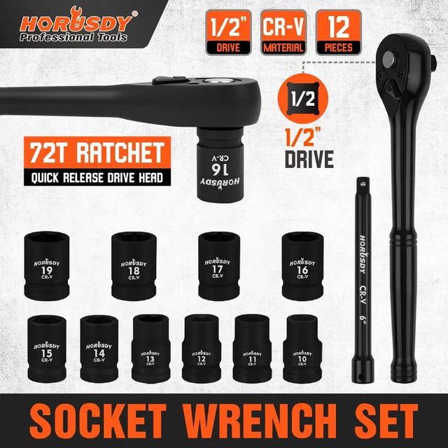 SEDY 12Pcs 1/2" Drive Socket Wrench Set CR-V 72T Ratchet Metric 10-19mm Holder