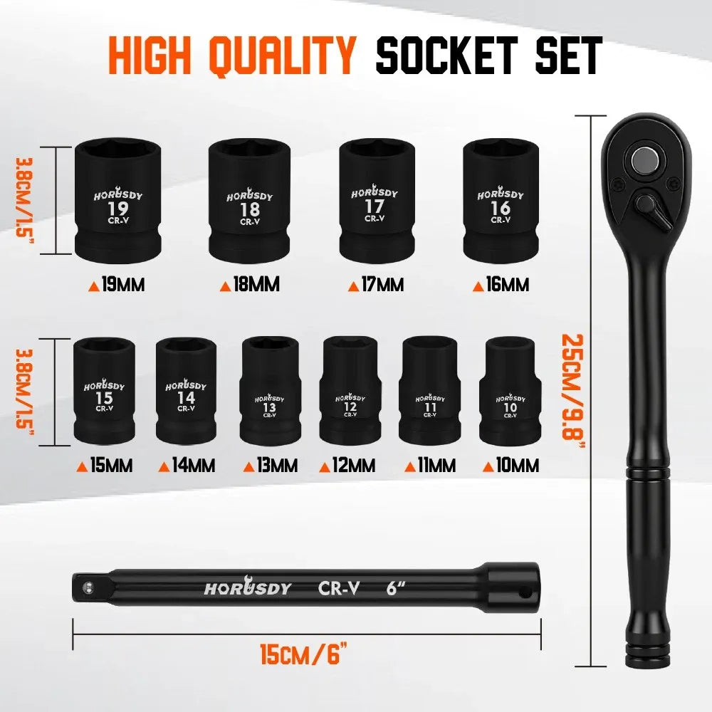 SEDY 12Pcs 1/2" Drive Socket Wrench Set CR-V 72T Ratchet Metric 10-19mm Holder