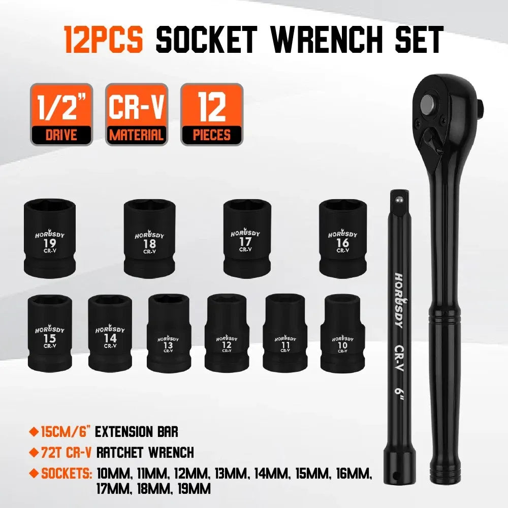 SEDY 12Pcs 1/2" Drive Socket Wrench Set CR-V 72T Ratchet Metric 10-19mm Holder