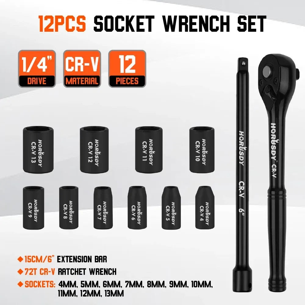 12-Piece 3/8" Drive Socket Set 72T Quick Release Ratchet Metric 8-18mm Holder