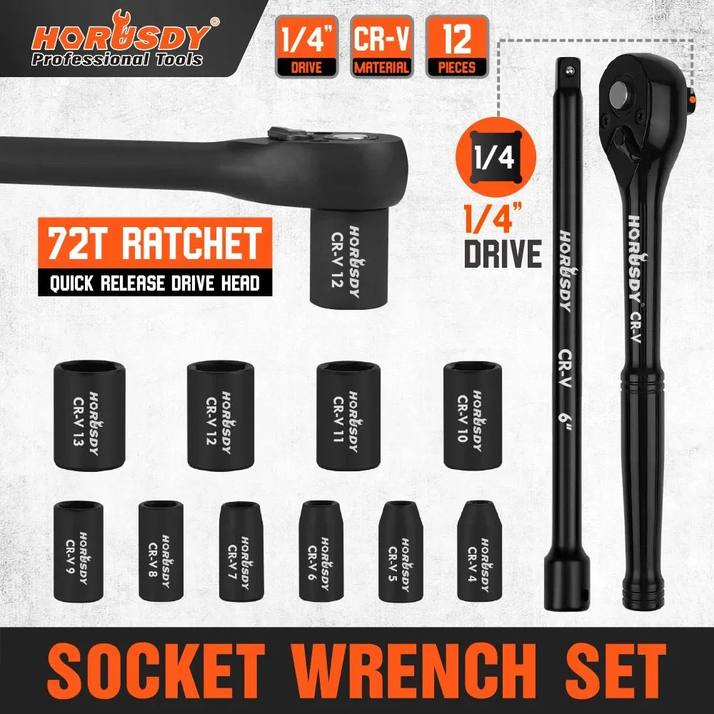 SEDY 12Pcs 1/4" Drive Socket Set 72T Quick Release Ratchet Metric 4-13mm Holder