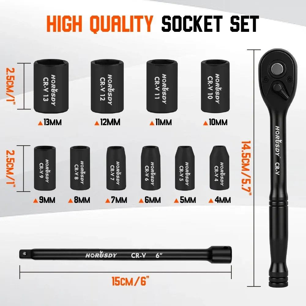 SEDY 12Pcs 1/4" Drive Socket Set 72T Quick Release Ratchet Metric 4-13mm Holder