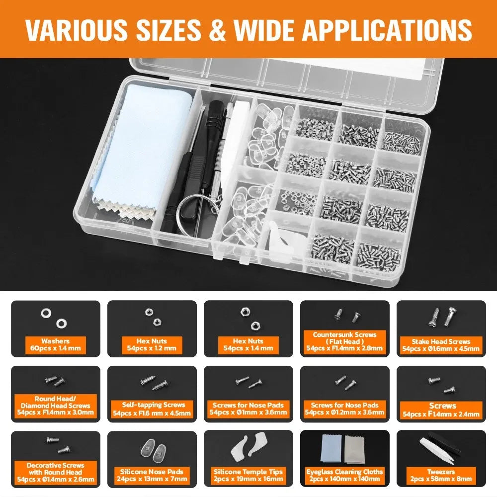 Eyeglass Sun Glasses Optical Repair Tool Screw Nut Nose Pad Assortment Set Kit