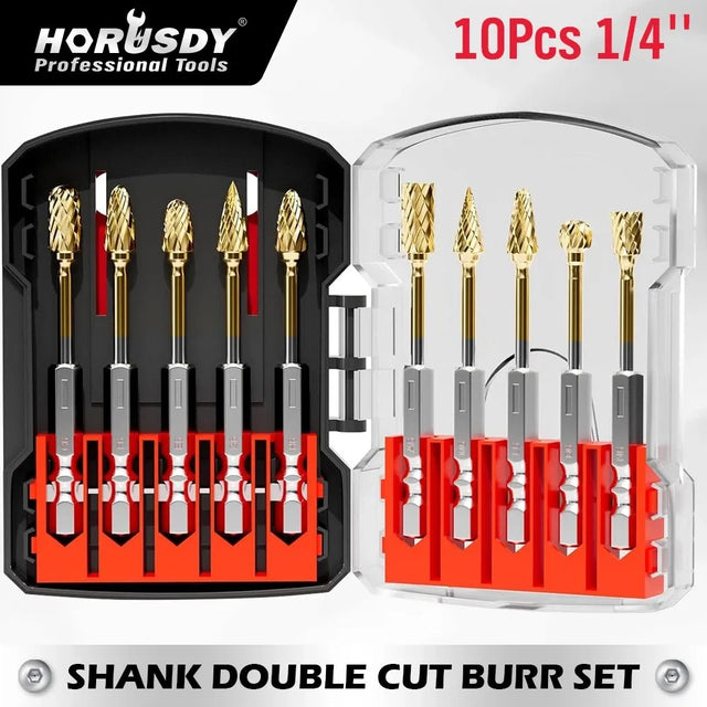 10Pc Titanium Gold Carbide Burr Set 1/4" Hex Quick Change Shank Die Grinding Bit
