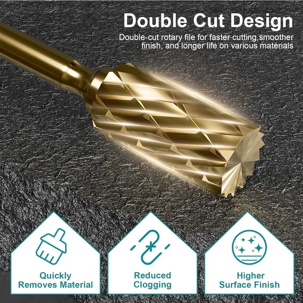 10Pc Titanium Gold Carbide Burr Set 1/4" Hex Quick Change Shank Die Grinding Bit