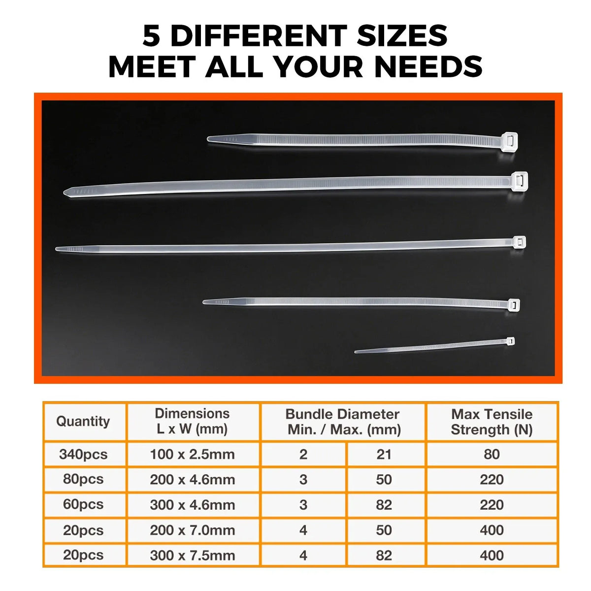 520-Pieces Cable Ties Zip Ties Nylon UV Stabilised Bulk Black Cable Tie White