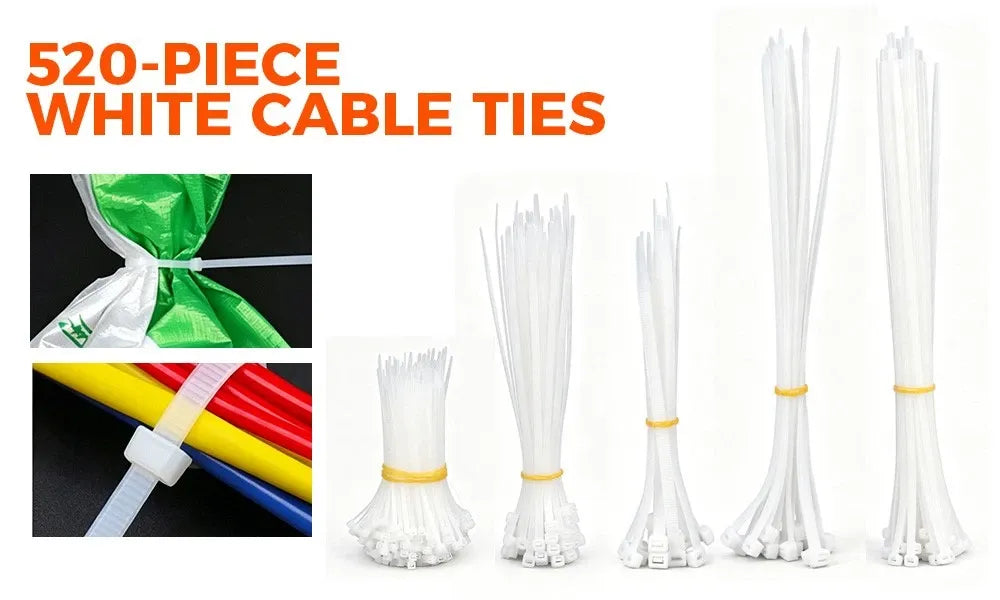 520-Pieces Cable Ties Zip Ties Nylon UV Stabilised Bulk Black Cable Tie White