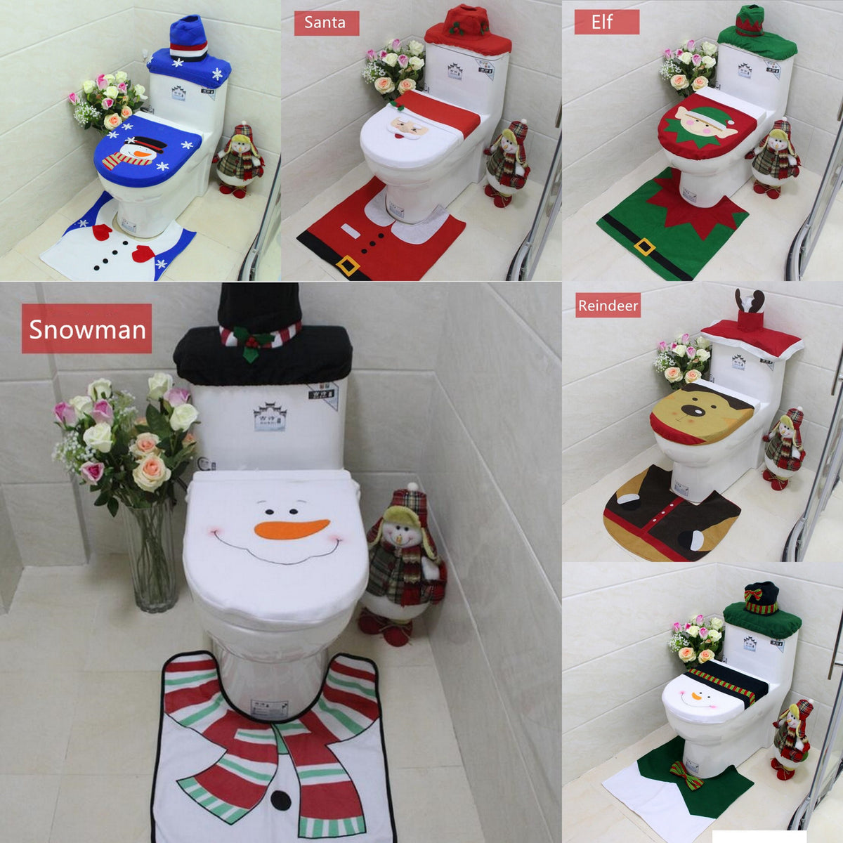 4pcs Christmas Toilet Seat Cover Rug Bathroom Set Santa Snowman Xmas Home