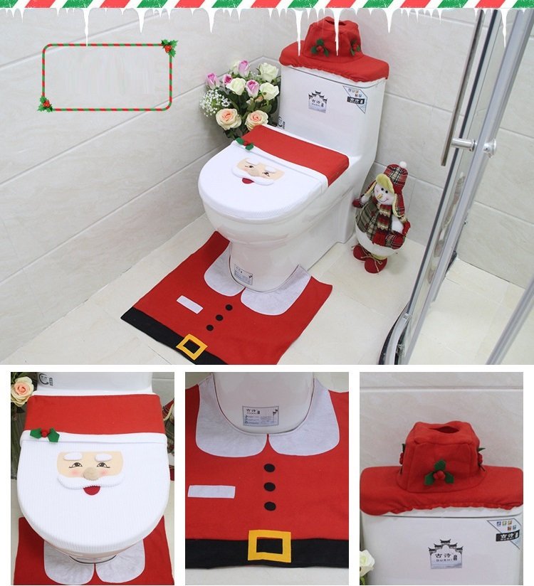 4pcs Christmas Toilet Seat Cover Rug Bathroom Set Santa Snowman Xmas Home