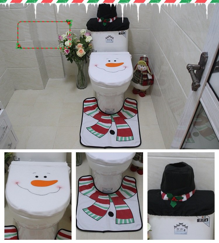 4pcs Christmas Toilet Seat Cover Rug Bathroom Set Santa Snowman Xmas Home