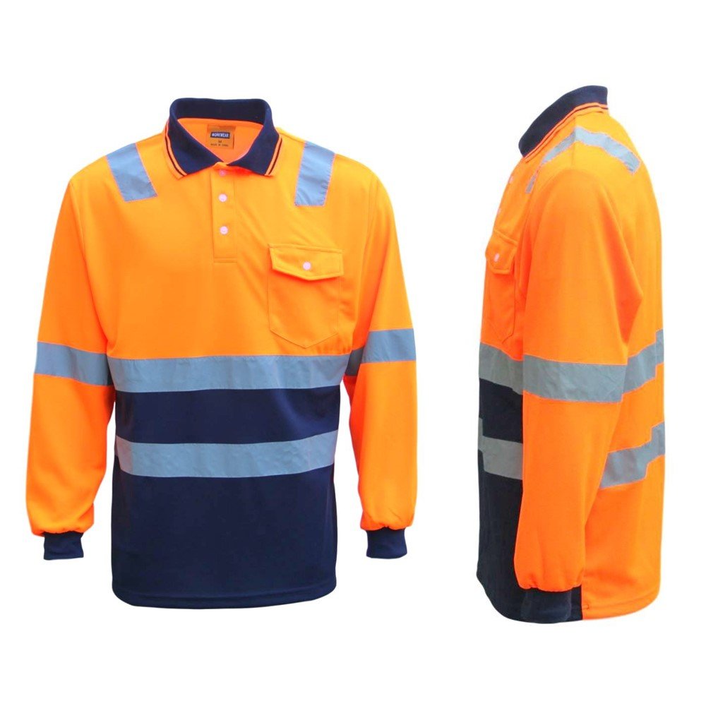 HI VIS Long Sleeve Workwear Shirt w Reflective Tape Cool Dry Safety Polo 2